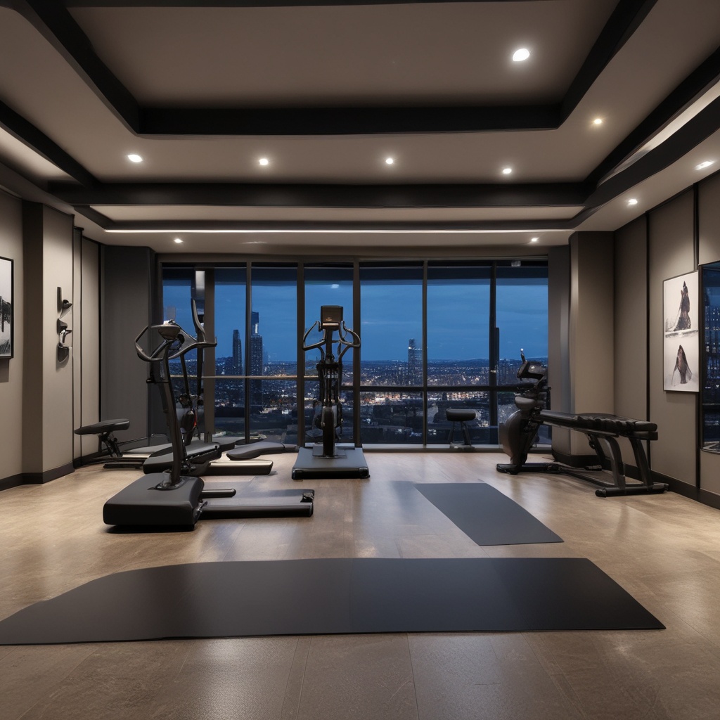 Night view inside a luxury personal gym open 24 hours